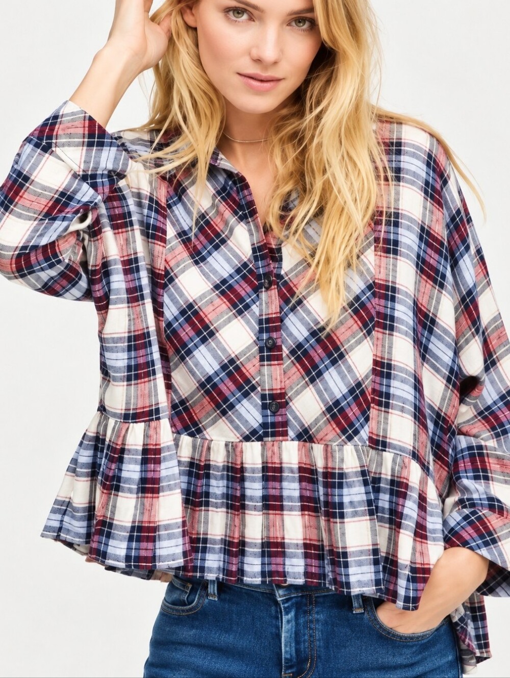 Free People Promise Everything Shirt Plaid Flannel Crop Ruffle Babydoll Top XS/S